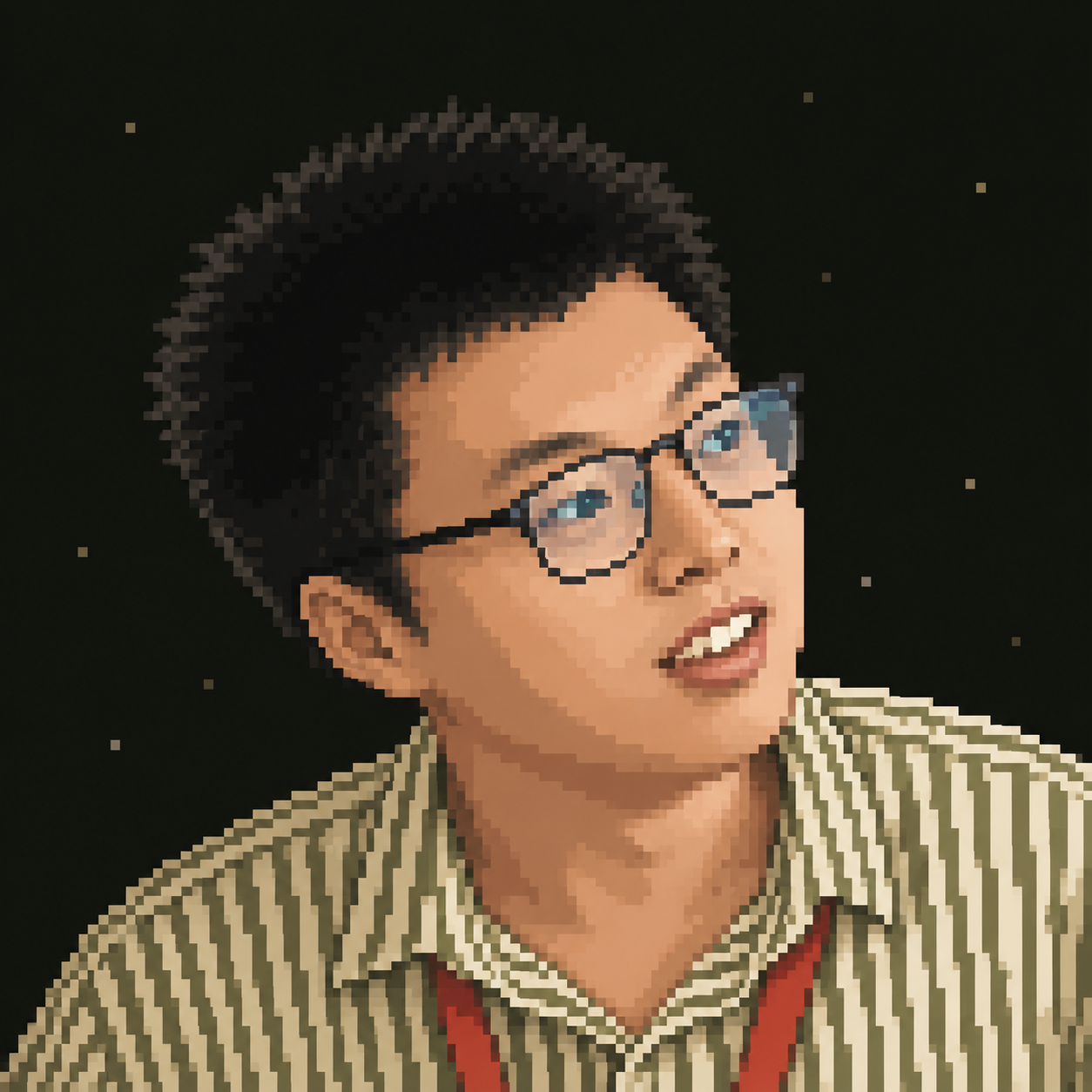 Pixel portrait of Xiao-Wen Yang, with short black hair and glasses